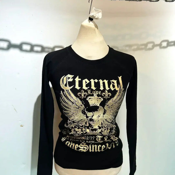 [BUNJANG] Stone Glitter Skull Gold Lettering Top / 오네갸루 스톤 글리터 스컬 골드레터링 탑