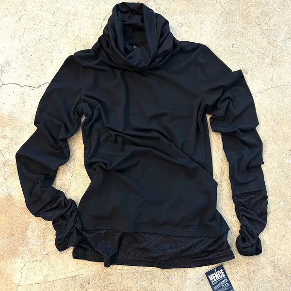 [BUNJANG] VENCE Black Turtleneck String Sleeve Point Top (Unused) / VENCE 블랙 터틀넥 스트링소매 포인트 탑(미사용품)