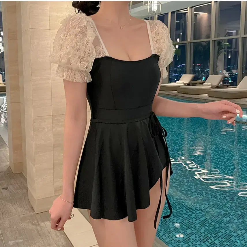 [BUNJANG] Lace Sleeve Swimsuit Flare Wrap Skirt Set / 레이스 소매 수영복 플레어랩 스커트 세트