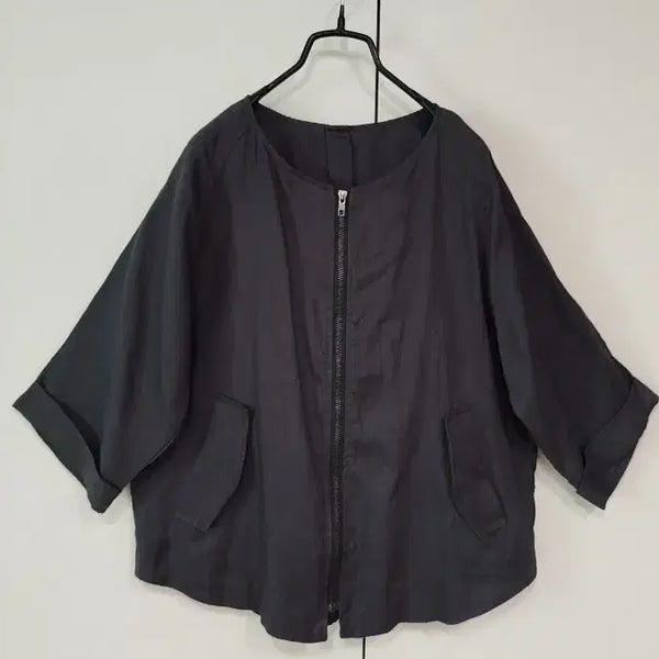 [BUNJANG] Dark Navy Linen Zipper Closure Back Pleated Jacket / 다크 네이비 린넨 마 자크 여밈 뒷등 주름 통 소매 자켓