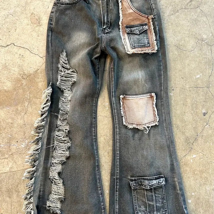 [BUNJANG] Y2K Bootcut Distressed Fringe Wide Pocket Pants / Y2K 오네갸루 부츠컷 데미지 프린지 빅포켓포인트 팬츠