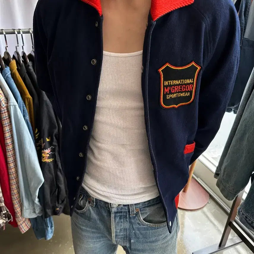 [BUNJANG] McGregor 90s Sportswear Stadium Jacket Navy Wool Red Knit / 90s McGREGOR Sportswear Stadium Jacket