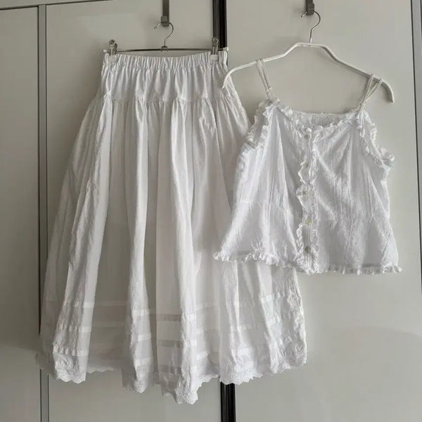 [BUNJANG] Evabbin Sleeveless Ruffle Pintuck Punching Tunic Blouse and Skirt Set / 에바빈 슬리브리스 러플 핀턱 펀칭 튜닉 블라우스 탑 스커트 세트