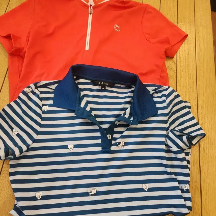 [BUNJANG] Elle Golf 2-Piece Set Striped Cat Pattern & Orange Short-Sleeve Polo Shirts / 엘르골프 2종 반팔 카라티90