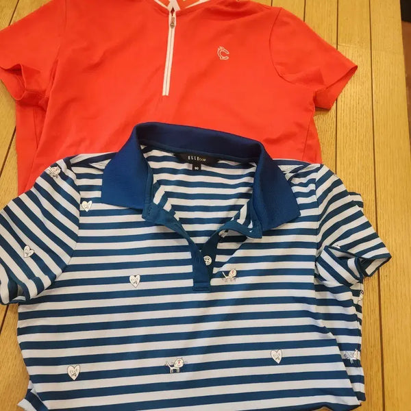 [BUNJANG] Elle Golf 2-Piece Set Striped Cat Pattern & Orange Short-Sleeve Polo Shirts / 엘르골프 2종 반팔 카라티90