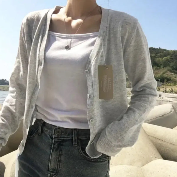 [BUNJANG] Semi Crop V-Neck Cardigan / 얇은 기본 가디건 / 가벼워요. 여리여리 세미크롭 브이넥 아우터