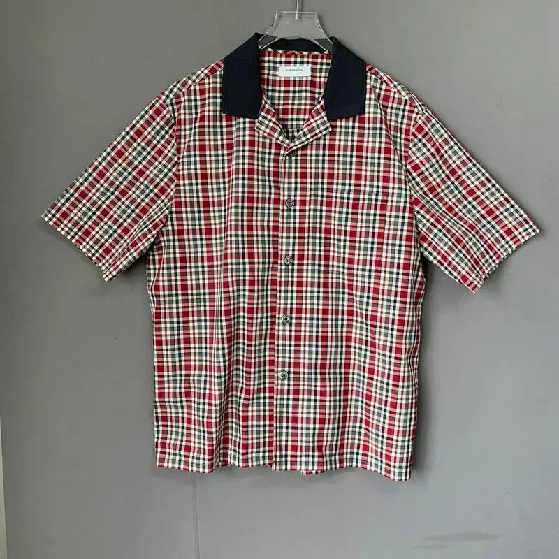 [BUNJANG] Customellow Red Check Short Sleeve Shirt / L 커스텀멜로우 저지 칼라 레드 체크 반팔 셔츠