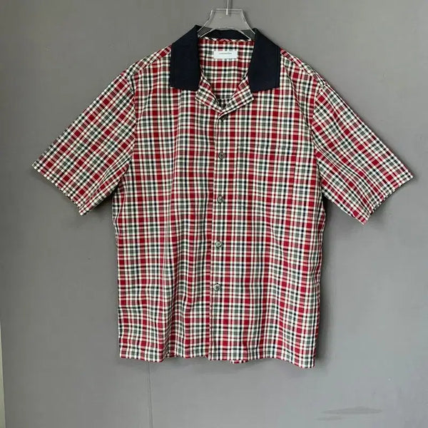 [BUNJANG] Customellow Red Check Short Sleeve Shirt / L 커스텀멜로우 저지 칼라 레드 체크 반팔 셔츠