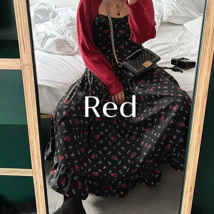 [BUNJANG] Aiimer Flower Frill One-Piece Dress & Red Summer Cardigan Set / 아이에머 플라워 프릴 원피스 블랙 버튼 썸머가디건 레드 세트