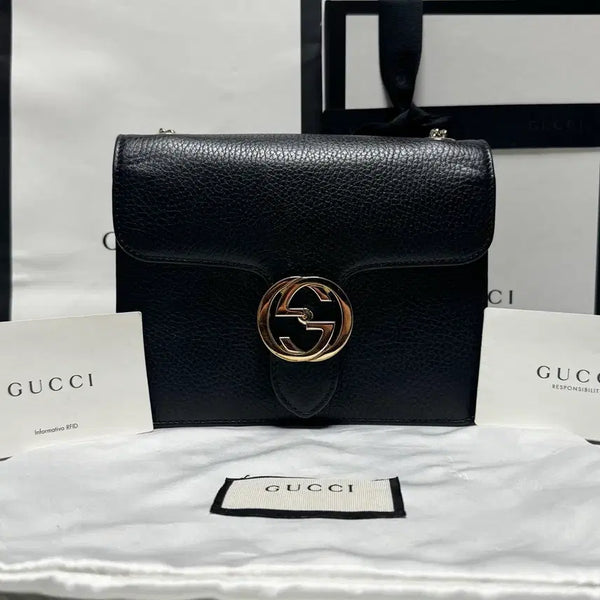 [BUNJANG] Gucci Interlocking GG Leather Chain Shoulder Bag Small Black / [S+급] 구찌 인터로킹 GG 가죽 체인 숄더백 스몰 블랙