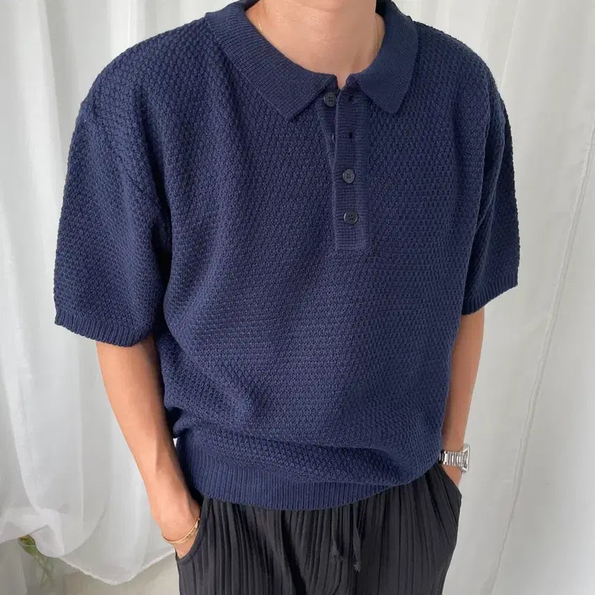 [BUNJANG] Men's Navy Short-Sleeve Knit Polo Shirt / 남자 네이비 반팔 니트 카라니트
