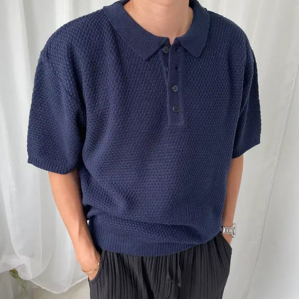 [BUNJANG] Men's Navy Short-Sleeve Knit Polo Shirt / 남자 네이비 반팔 니트 카라니트