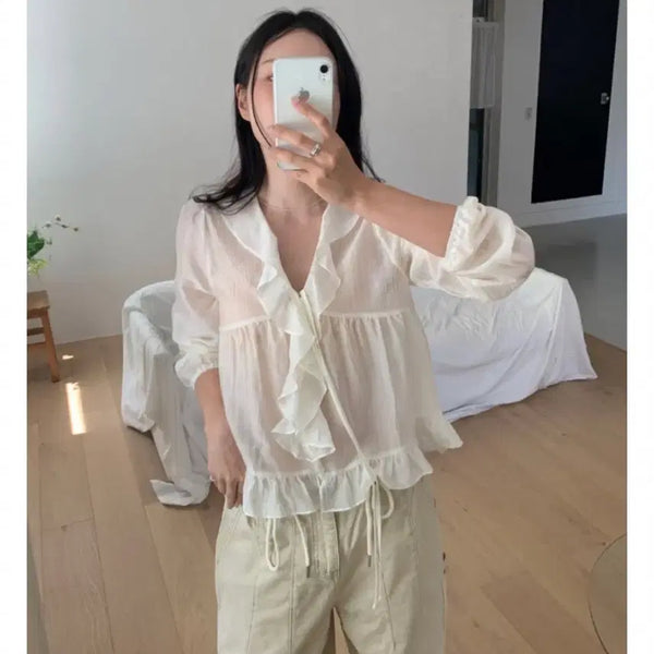 [BUNJANG] Deeply Heave See-through Tencel Ruffle Blouse / 디플리 헤이브 시스루 텐셀 러플 블라우스