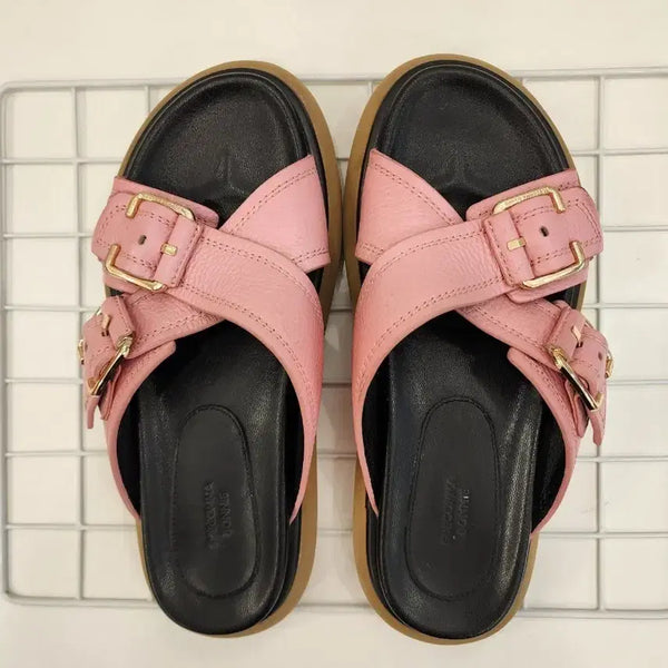 [BUNJANG] SUECOMMA BONNIE Pink Leather Cross Strap Buckle Sandals / 슈콤마보니 가죽 샌들