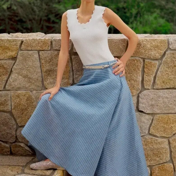 [BUNJANG] Lang/Bang Linen Blend Belted Stripe Flare Skirt / 랑/방 린넨 블렌드 벨티드 스트라이프 플레어 스커트