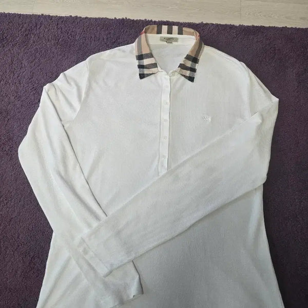 [BUNJANG] Burberry Check Collar Long Sleeve White T-Shirt / 버버리 체크 카라 긴팔 흰색 티셔츠