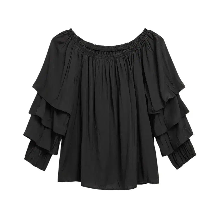 [BUNJANG] Women's Black Ruffle Sleeve Off-Shoulder Blouse / 여성F/ 블랙 프릴소매 오프숄더 겸용 블라우스