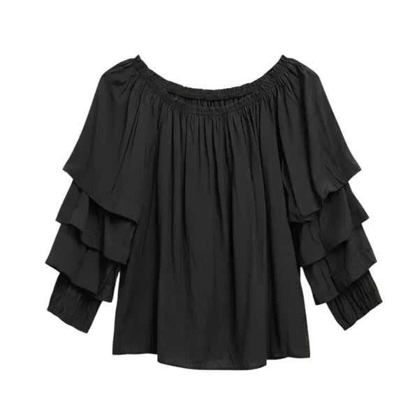 [BUNJANG] Women's Black Ruffle Sleeve Off-Shoulder Blouse / 여성F/ 블랙 프릴소매 오프숄더 겸용 블라우스