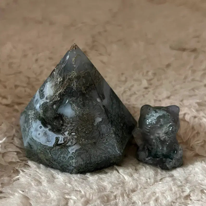 [BUNJANG] Natural Moss Agate Diamond Carving Cat Gemstone / (세트)천연 원석 모스 아게이트 이끼 마노 다이아몬드 카빙 고양이 천연석