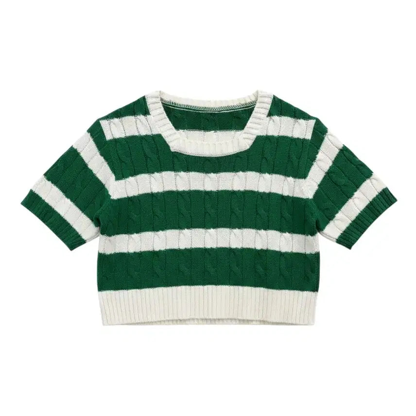 [BUNJANG] Women's Green Striped Crop Square Neck Knit / 여성F/ 그린 단가라 크롭 스퀘어넥 니트