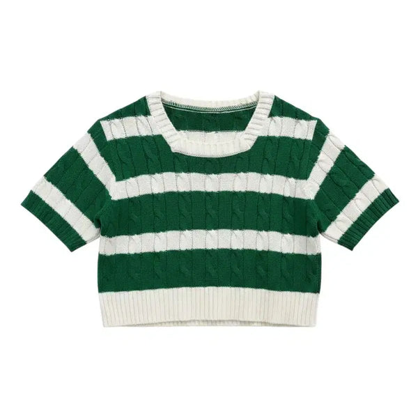[BUNJANG] Women's Green Striped Crop Square Neck Knit / 여성F/ 그린 단가라 크롭 스퀘어넥 니트