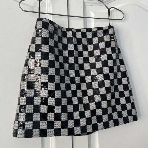 [BUNJANG] Chanel Checkerboard Sequin A-Line Skirt / 정품 샤넬 체커보드 시퀸 스커트 36
