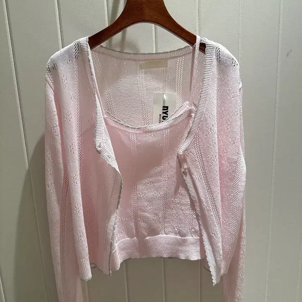 [BUNJANG] Nyunyu Sleeveless Cardigan Set / 뉴뉴 펀칭 나시가디건세트 민소매 슬리브리스 살안타템 여리핏 에이블리
