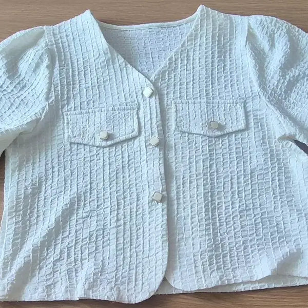 [BUNJANG] White Textured Short Sleeve Blouse / 화이트 텍스처 반팔 블라우스