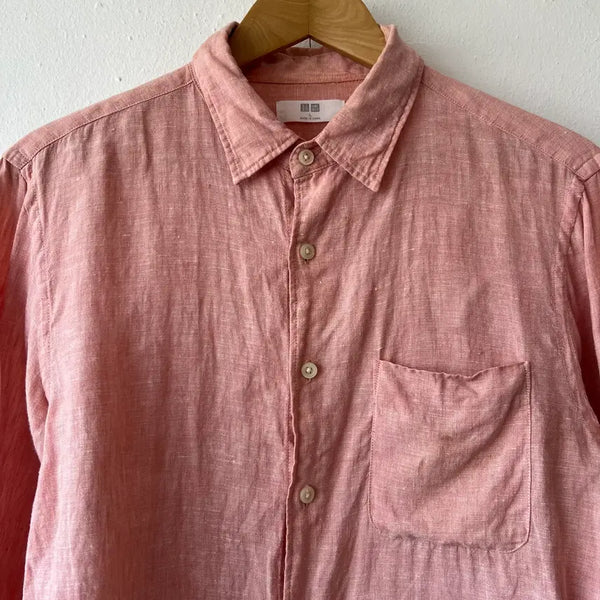 [BUNJANG] Uniqlo Men's Coral Pink Linen Long Sleeve Shirt L / 유니클로 남성 코랄핑크 린넨셔츠 긴팔셔츠 L