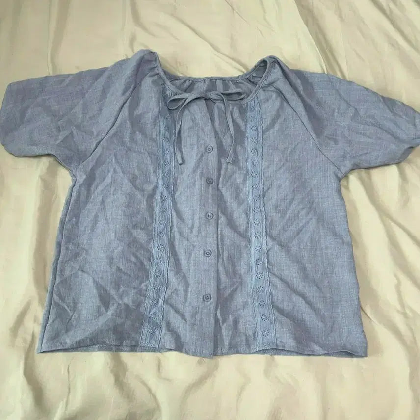 [BUNJANG] Modern Blue Lace Ribbon Detail Blouse / 모던  블루 레이스 리본포인트 블라우스