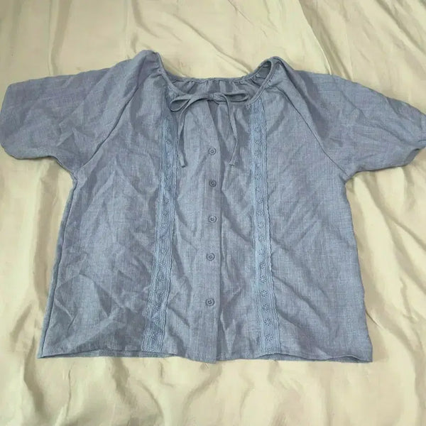 [BUNJANG] Modern Blue Lace Ribbon Detail Blouse / 모던  블루 레이스 리본포인트 블라우스