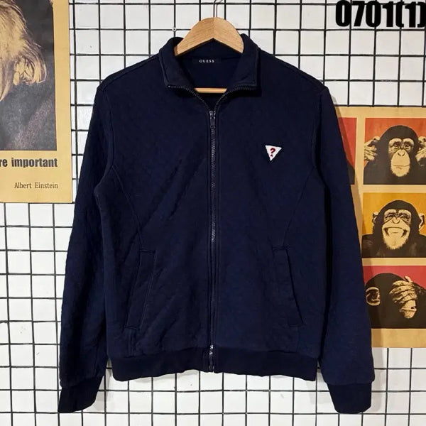 [BUNJANG] Guess Logo Embroidered Quilted Zip-Up Jumper Navy M / 게스 로고 자수 퀼팅 집업 네이비 M