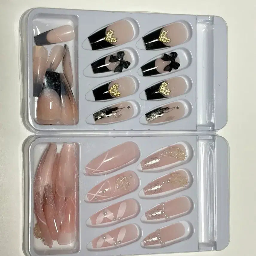 [BUNJANG] LC Nail Nail Tips Bundle Set (Black/Gold Pixel Heart, Pink Butterfly Flower) / 엘씨네일 네일팁 일괄 판매