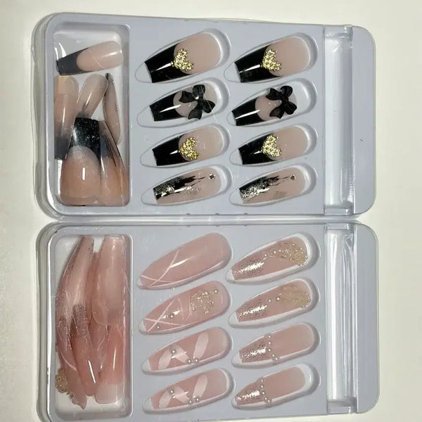 [BUNJANG] LC Nail Nail Tips Bundle Set (Black/Gold Pixel Heart, Pink Butterfly Flower) / 엘씨네일 네일팁 일괄 판매