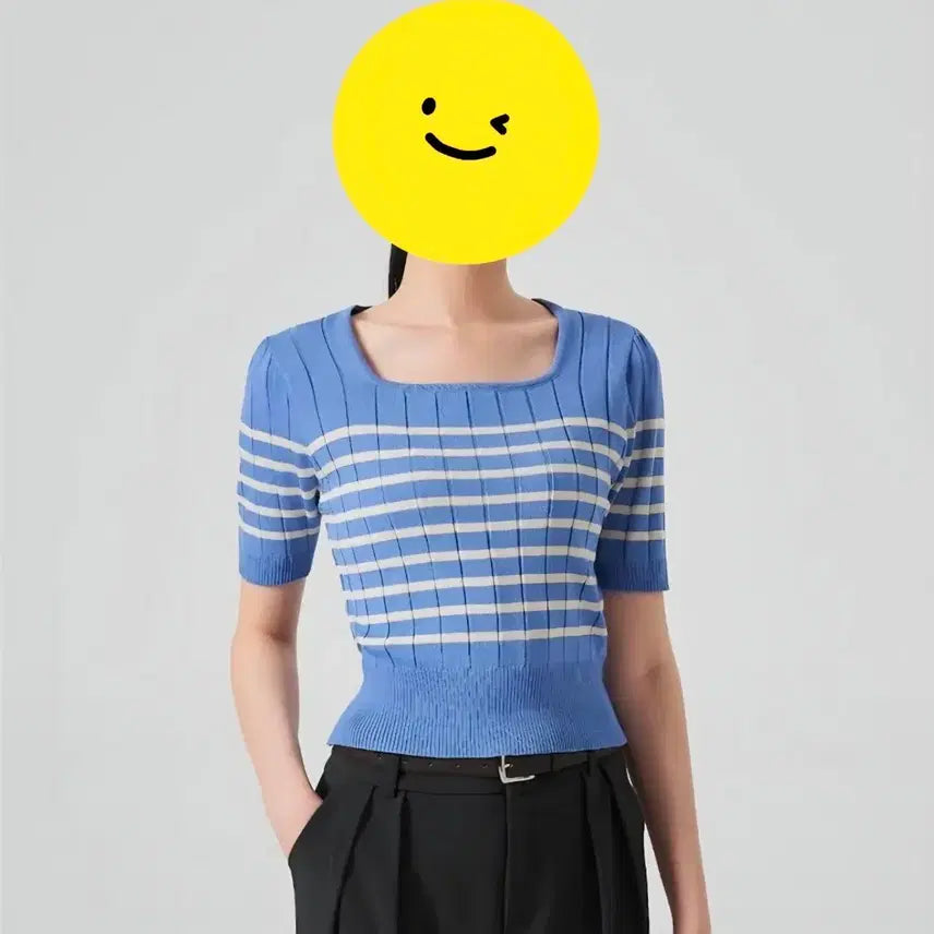 [BUNJANG] 8seconds Blue Stripe Square Neck Knit / 8세컨즈 블루 스트라이프 스퀘어넥 니트 (새것)