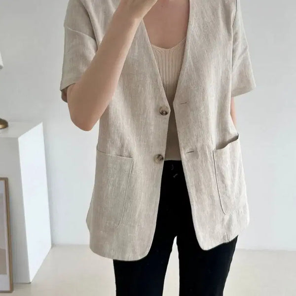 [BUNJANG] Korean Outlet Summer Sealed Linen Short-Sleeve Jacket Beige / 국산아울렛 여름 미개봉 여성 린넨 반팔 자켓 베이지 마자켓