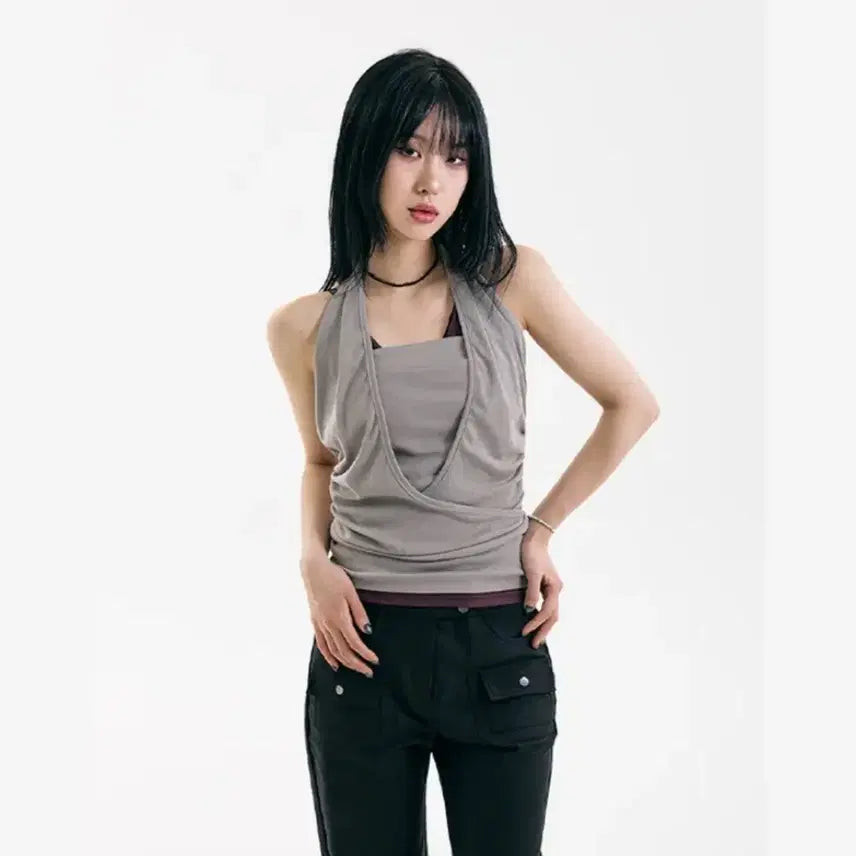 [BUNJANG] Wrap Halter Sleeveless Top / 랩 홀터 슬리브리스 나시 그레이 튜브탑 민소매