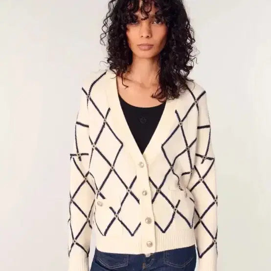 [BUNJANG] Maje Diamond Pattern Cardigan - Ivory Navy / 마쥬 가디건 2사이즈