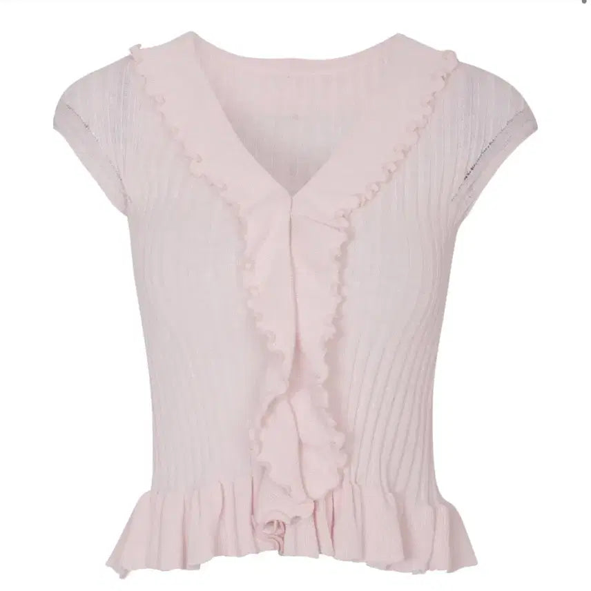 [BUNJANG] REPERE Crista Frill Knit Cardigan Pink Short Sleeve / 레페르 REPERE 크리스타 프릴 니트 가디건 핑크 니트가디건 반팔
