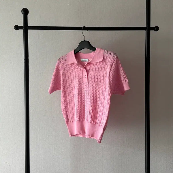 [BUNJANG] Lookast Pink Cable Knit Short Sleeve Knit / 룩캐스트 lookast 핑크 꽈배기 카라 반팔 니트