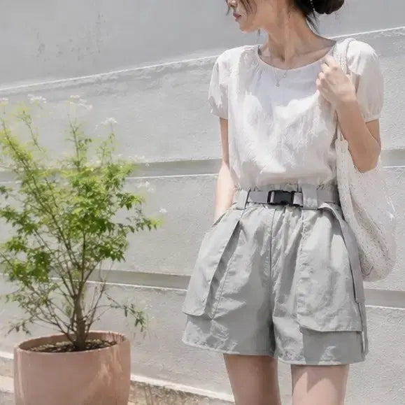 [BUNJANG] Belt Set Cargo Crinkle Shorts / 벨트세트 카고 바스락 반바지