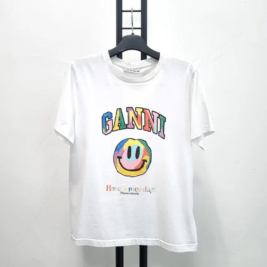 [BUNJANG] GANNI Smile Print Short Sleeve T-Shirt White / 정품 가니 GANNI  스마일 프린트 반팔 티셔츠 화이트
