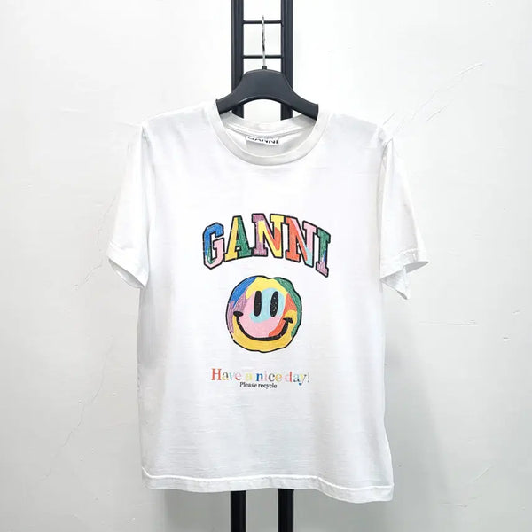 [BUNJANG] GANNI Smile Print Short Sleeve T-Shirt White / 정품 가니 GANNI  스마일 프린트 반팔 티셔츠 화이트