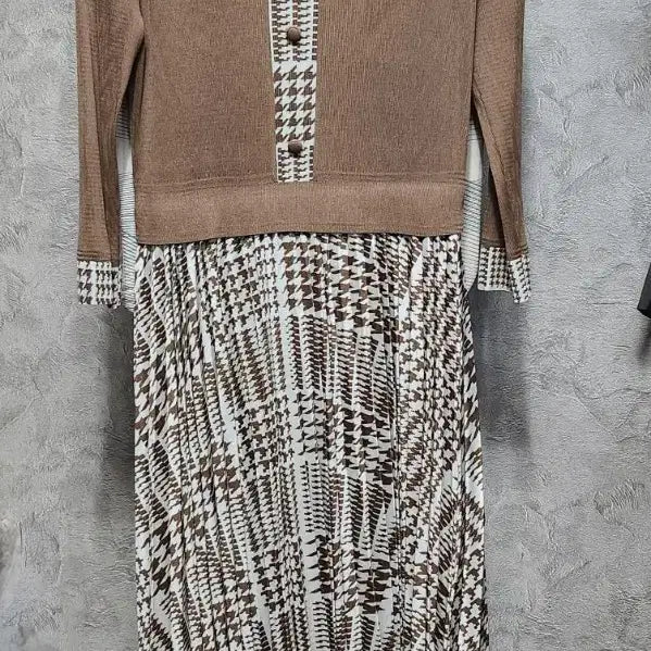 [BUNJANG] Houndstooth Check Pleated Long Dress Set / 플리츠원피스