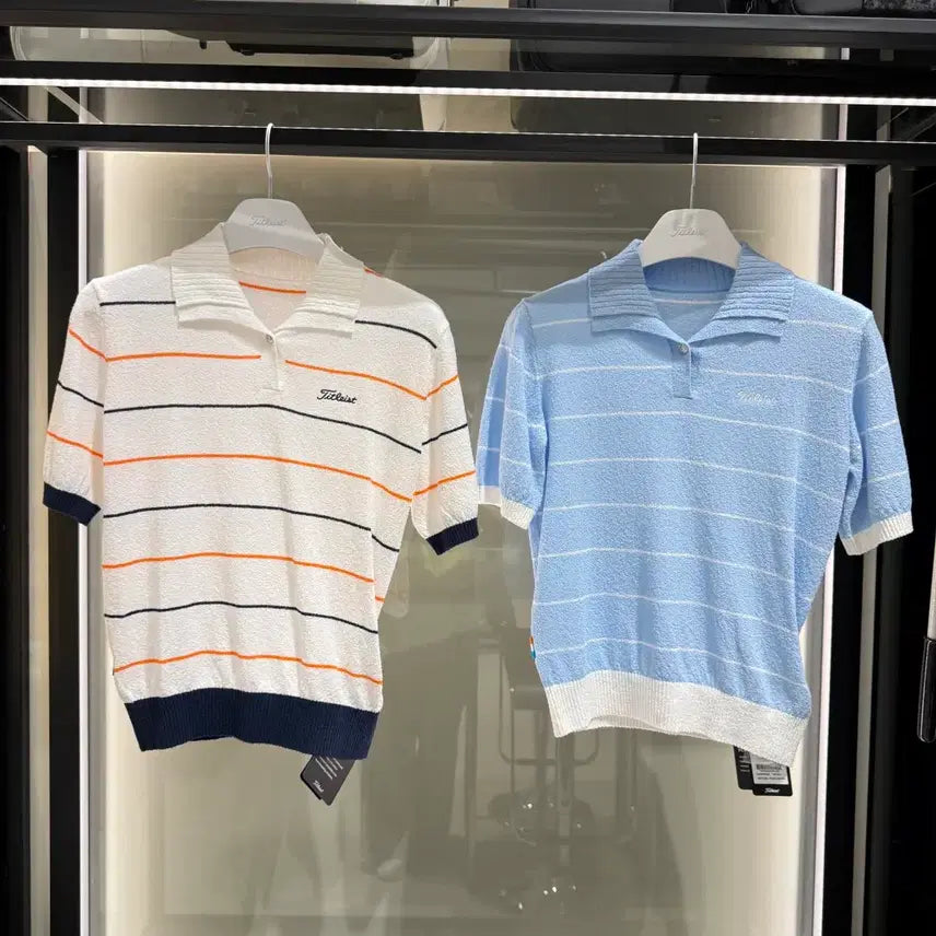 [BUNJANG] Titleist Stripe Women's Short Sleeve Knit Polo (Ivory, Sky Blue) / 타이틀리스트 스트라이프 여성 폴로 반팔 니트 2칼라
