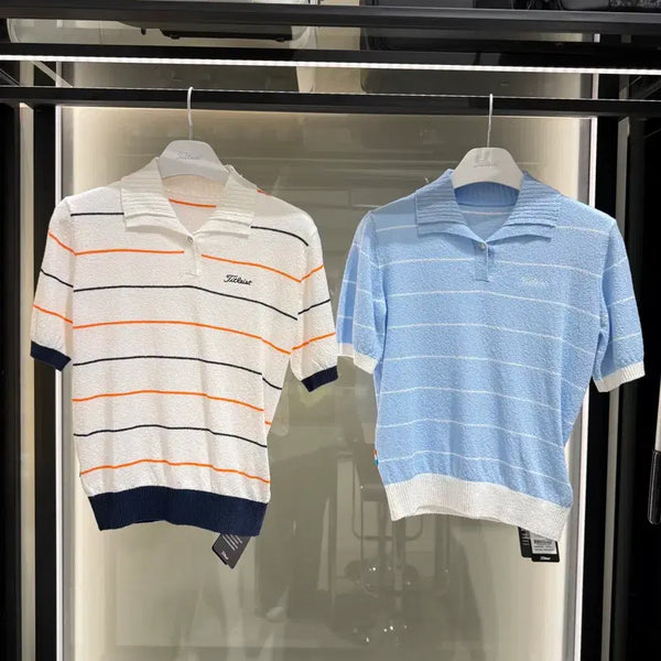 [BUNJANG] Titleist Stripe Women's Short Sleeve Knit Polo (Ivory, Sky Blue) / 타이틀리스트 스트라이프 여성 폴로 반팔 니트 2칼라