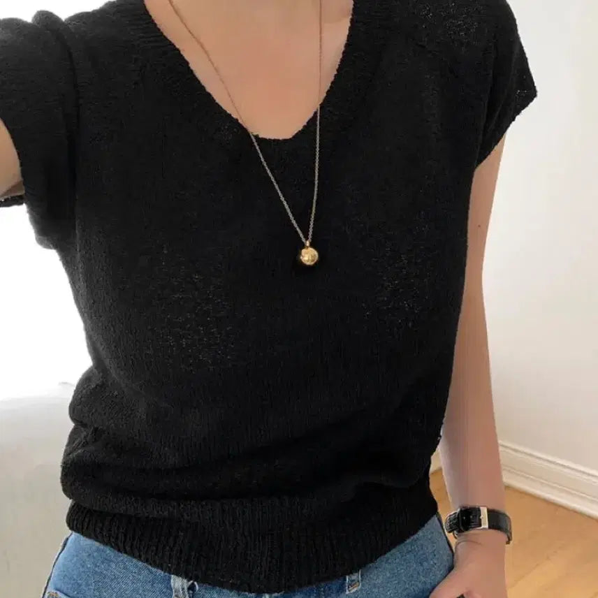 [BUNJANG] Baydelli Cap Sleeve V-Neck Linen Short-Sleeve Knit Black / 베이델리 오브 캡소매 브이넥 린넨 반팔 니트 블랙