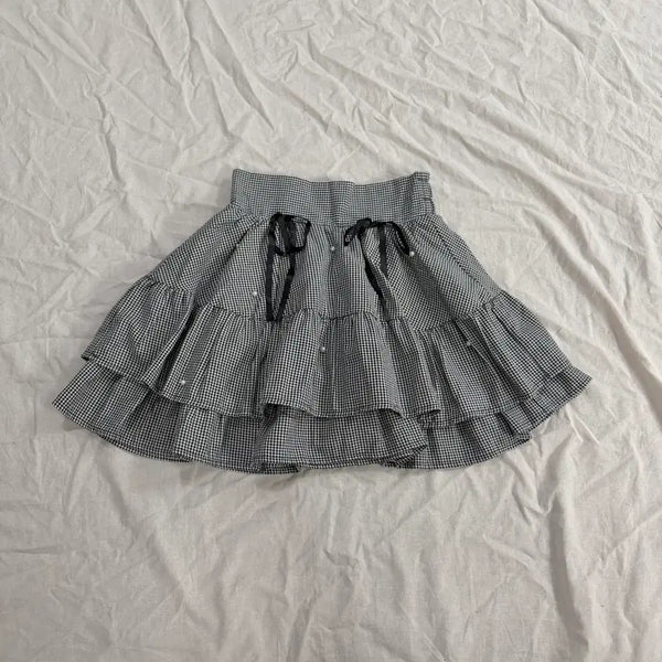 [BUNJANG] Houndstooth Check Ruffle Skirt with Black Ribbon and Pearls / 캉캉 프릴 하운드 체크 스커트 블랙 리본 진주 발레코어 갸루