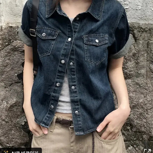 [BUNJANG] LOE POCKET Short-Sleeve Denim Shirt (Dark Blue) / 로에 포켓 반팔 데님 셔츠 (진청)