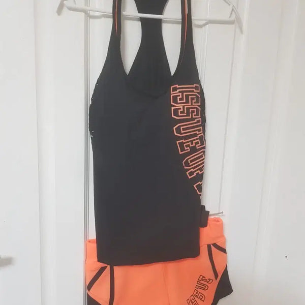 [BUNJANG] Black Orange Color Block Sleeveless Shorts Set / 블랙 오렌지 배색 나시 반바지 세트(55)미사용